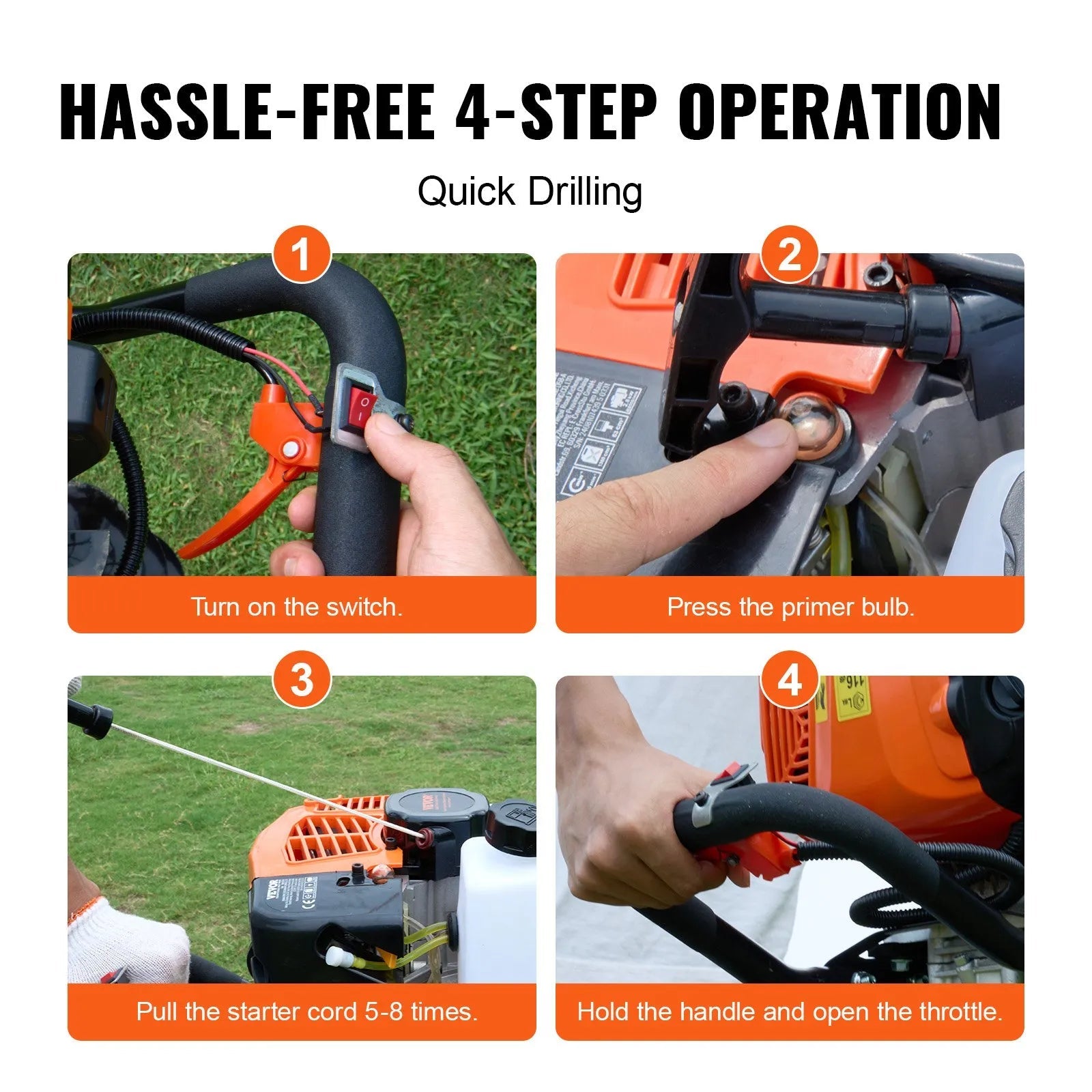 VEVOR Post Hole Digger Gas Powered, 63CC 2400W Earth Auger, Gas Auger with 8” Auger Drill Action Design Bits & 1 Extension Rod, Post Fence Hole Digger for Farmland Garden Plant, Orange+Black 