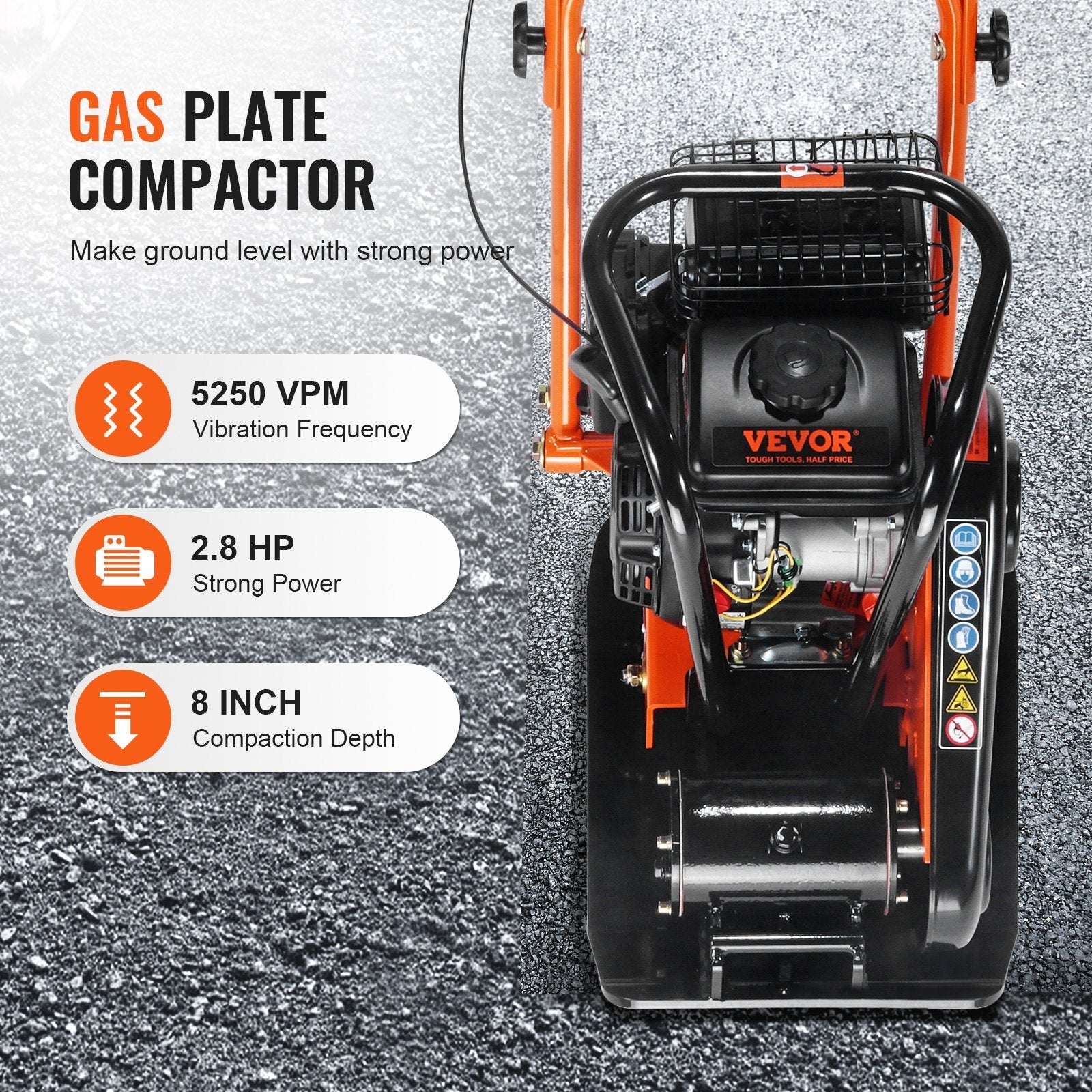 VEVOR Plate Compactor, 2.8 HP 78.5CC Gas Engine 5,250 VPM, 1,920 lbs Force Vibratory Compaction Tamper with 18.7 x 11.8 inch Plate for Walkways, Patios, Asphalts, Paver Landscaping 