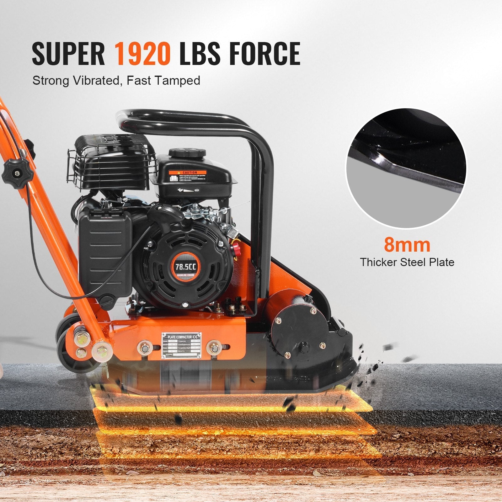 VEVOR Plate Compactor, 2.8 HP 78.5CC Gas Engine 5,250 VPM, 1,920 lbs Force Vibratory Compaction Tamper with 18.7 x 11.8 inch Plate for Walkways, Patios, Asphalts, Paver Landscaping 