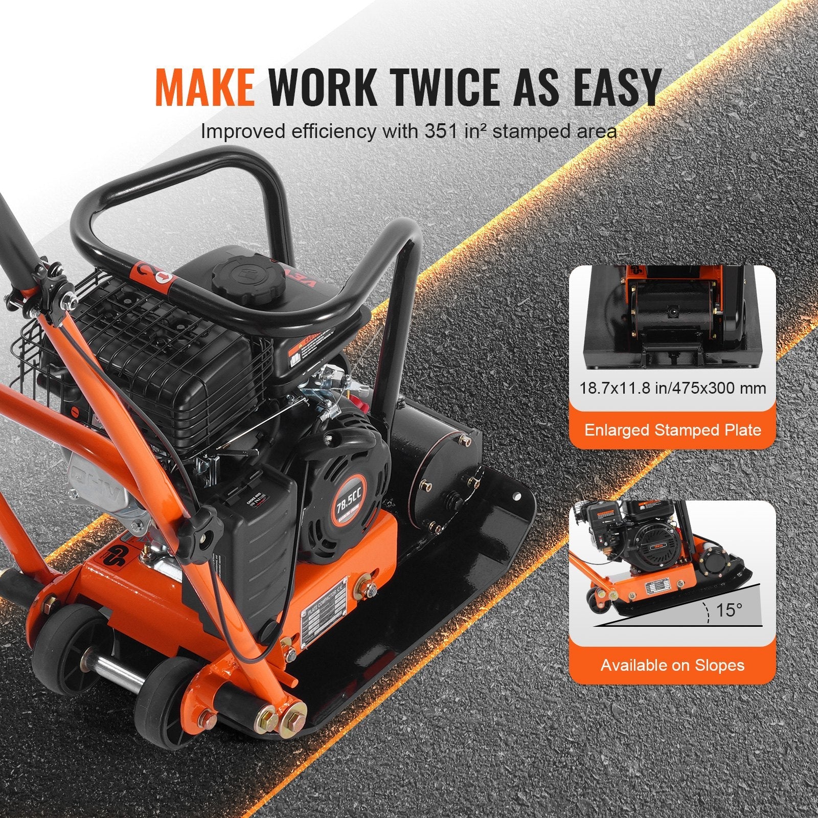 VEVOR Plate Compactor, 2.8 HP 78.5CC Gas Engine 5,250 VPM, 1,920 lbs Force Vibratory Compaction Tamper with 18.7 x 11.8 inch Plate for Walkways, Patios, Asphalts, Paver Landscaping 