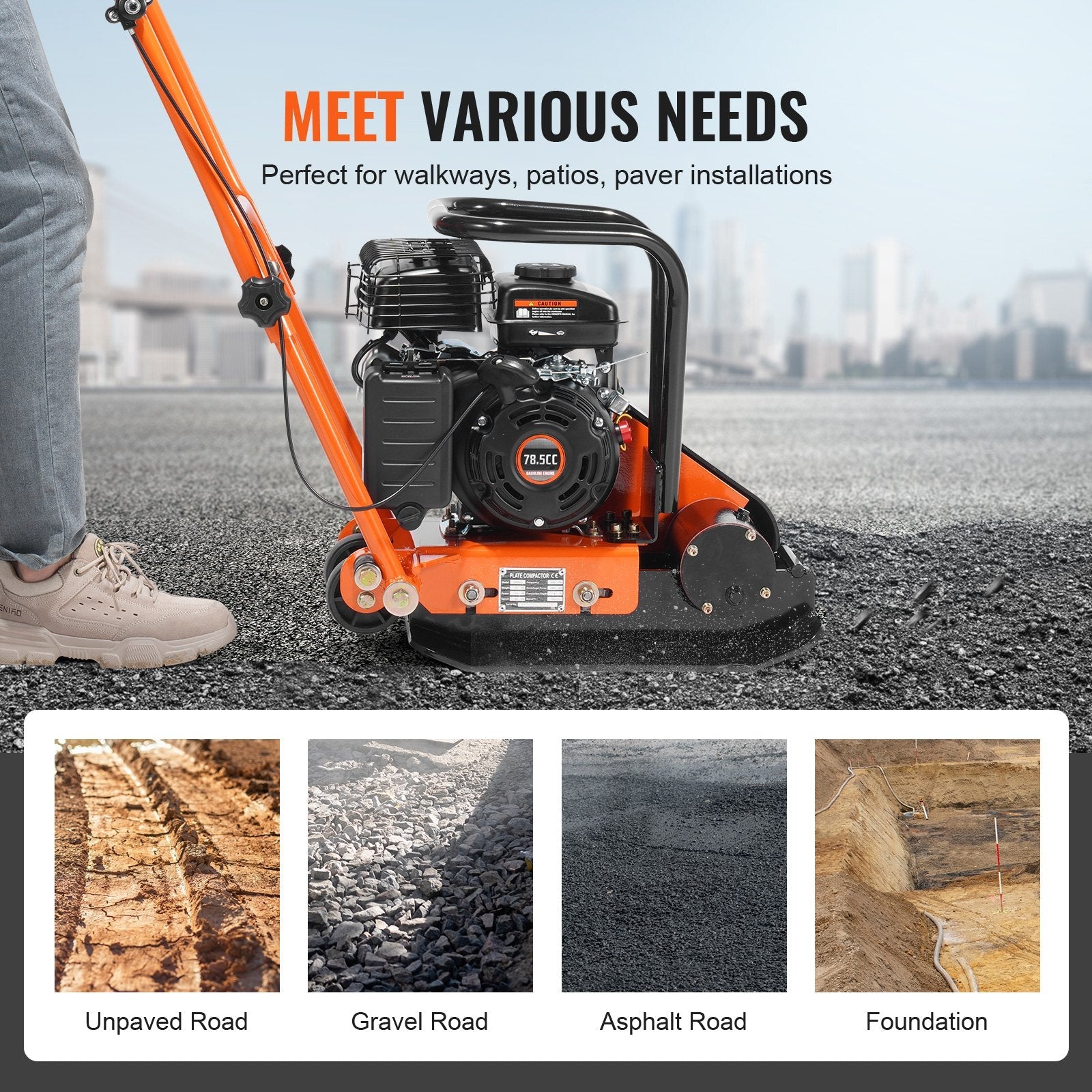 VEVOR Plate Compactor, 2.8 HP 78.5CC Gas Engine 5,250 VPM, 1,920 lbs Force Vibratory Compaction Tamper with 18.7 x 11.8 inch Plate for Walkways, Patios, Asphalts, Paver Landscaping 