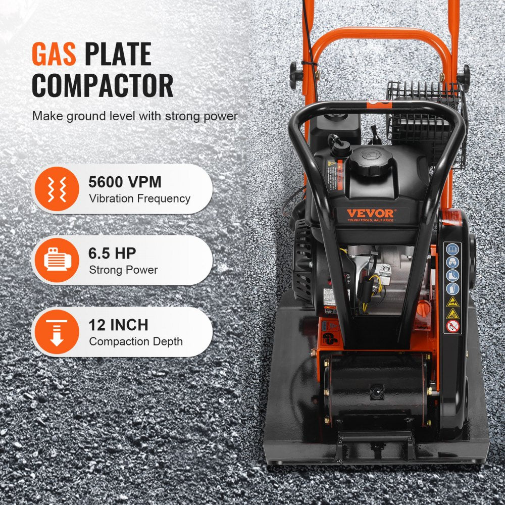 VEVOR Plate Compactor, 6.5 HP 196CC Gas Engine 5,600 VPM, 4,200 lbs Force Vibratory Compaction Tamper with 22.1 x 15.9 in Plate for Walkways, Patios, Asphalts, Paver Landscaping, EPA & CARB Compliant 