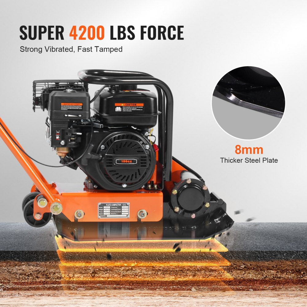 VEVOR Plate Compactor, 6.5 HP 196CC Gas Engine 5,600 VPM, 4,200 lbs Force Vibratory Compaction Tamper with 22.1 x 15.9 in Plate for Walkways, Patios, Asphalts, Paver Landscaping, EPA & CARB Compliant 