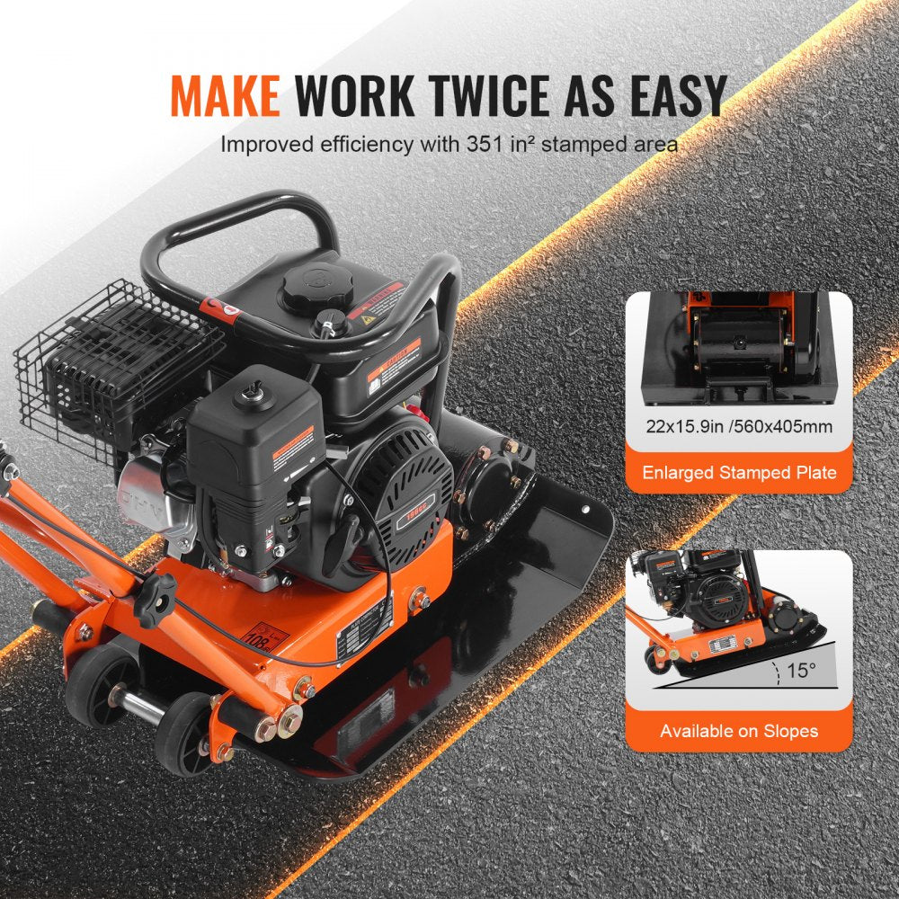 VEVOR Plate Compactor, 6.5 HP 196CC Gas Engine 5,600 VPM, 4,200 lbs Force Vibratory Compaction Tamper with 22.1 x 15.9 in Plate for Walkways, Patios, Asphalts, Paver Landscaping, EPA & CARB Compliant 