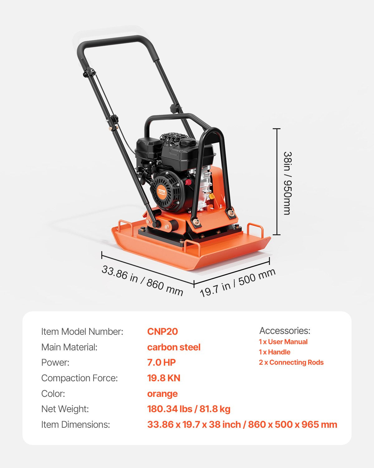 VEVOR Plate Compactor 7.0 HP Engine 432 sq. in Plate 5400 RPM Ground Compactor 