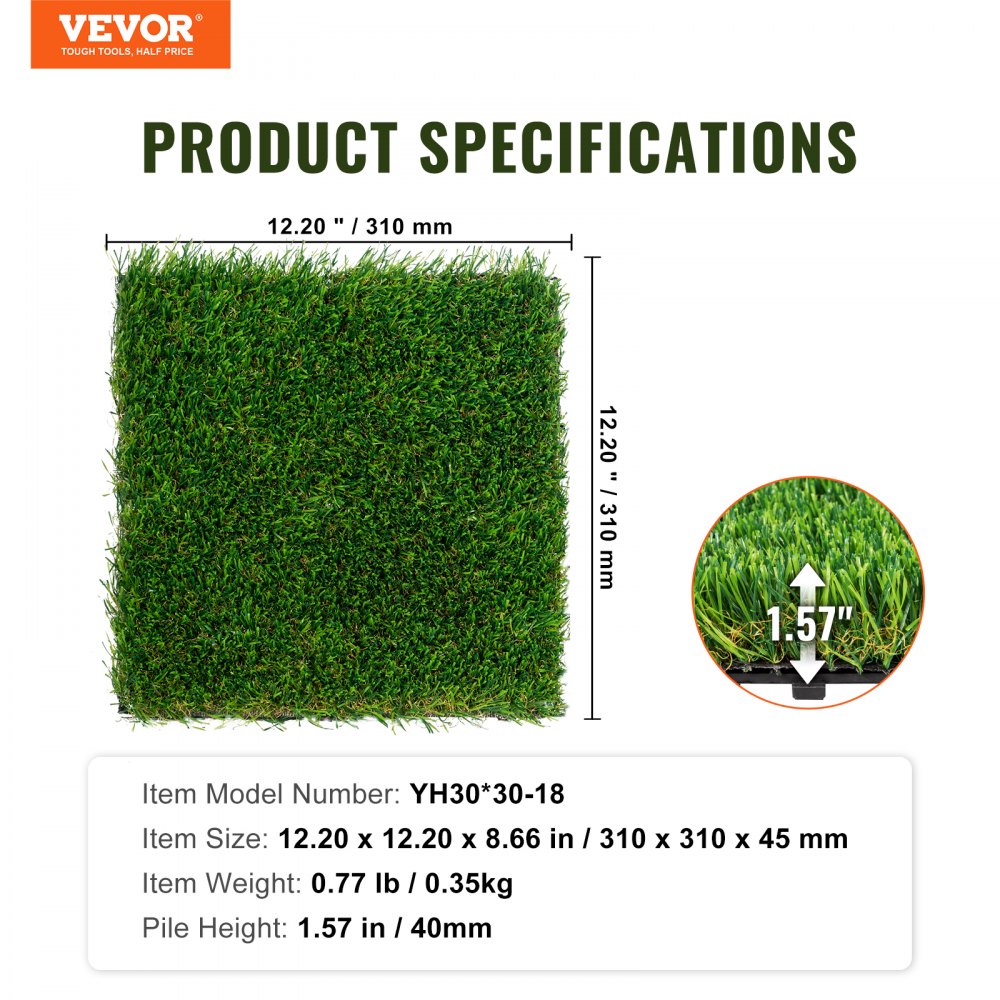 VEVOR Artifical Grass Tiles Interlocking Turf Deck Set, 18 Pack - 12"x12", Synthetic Fake Grass Self-draining Mat Flooring Decor Pad, Perfect For Multi-Purpose Indoor Outdoor Entryway Scraper Dog Mats 