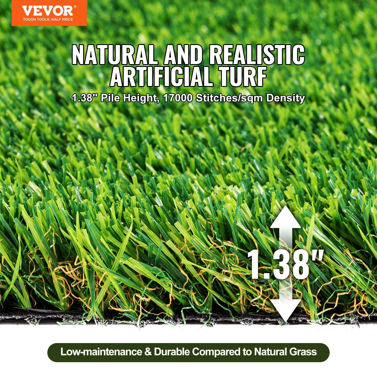 VEVOR Artifical Grass, 3 x 5 ft Rug Green Turf, 1.38" Fake Door Mat Outdoor Patio Lawn Decoration, Easy to Clean with Drainage Holes, Perfect For Multi-Purpose Home Indoor Entryway Scraper Dog Mats 