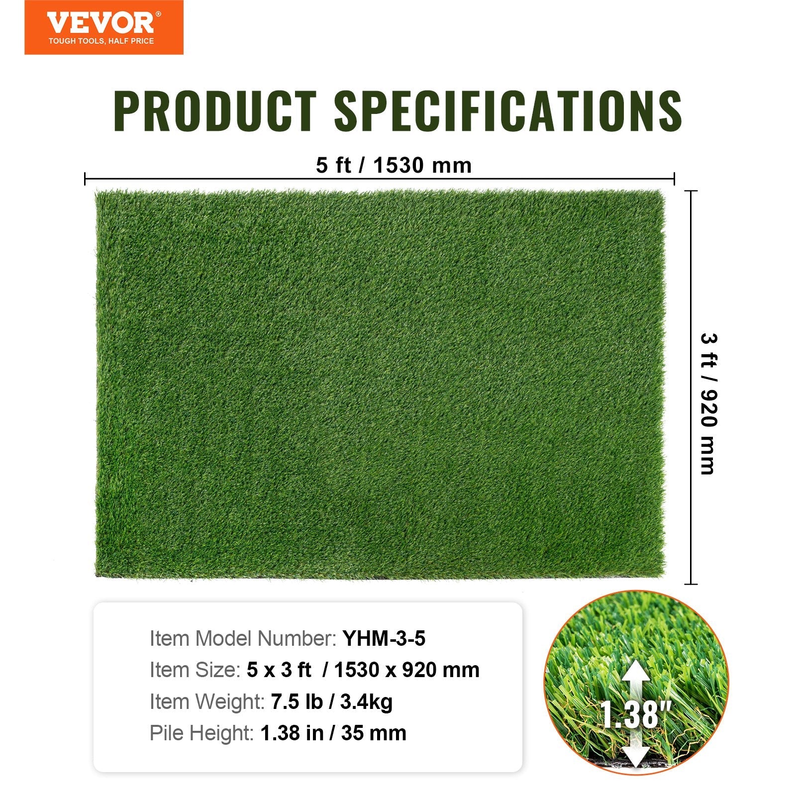 VEVOR Artifical Grass, 3 x 5 ft Rug Green Turf, 1.38" Fake Door Mat Outdoor Patio Lawn Decoration, Easy to Clean with Drainage Holes, Perfect For Multi-Purpose Home Indoor Entryway Scraper Dog Mats 