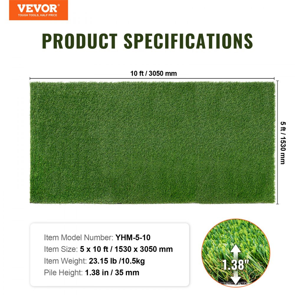 VEVOR Artifical Grass, 5 x 10 ft Rug Green Turf, 1.38"Fake Door Mat Outdoor Patio Lawn Decoration, Easy to Clean with Drainage Holes, Perfect For Multi-Purpose Home Indoor Entryway Scraper Dog Mats 
