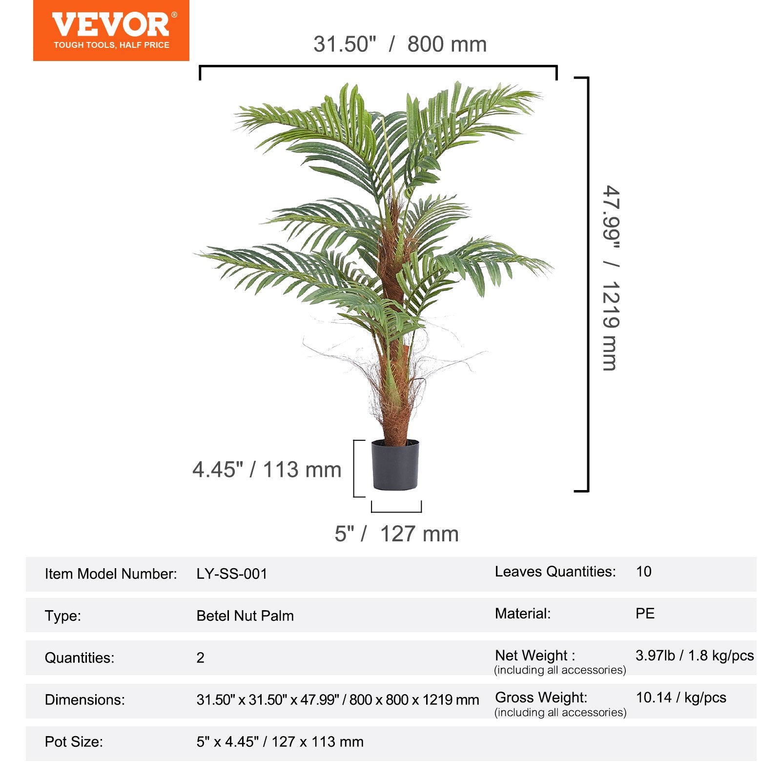 VEVOR Artificial Palm Tree, 4 FT Tall Faux Plant, Secure PE Material & Anti-Tip Tilt Protection Low-Maintenance Plant, Lifelike Green Fake Tree for Home Office Warehouse Decor Indoor Outdoor 