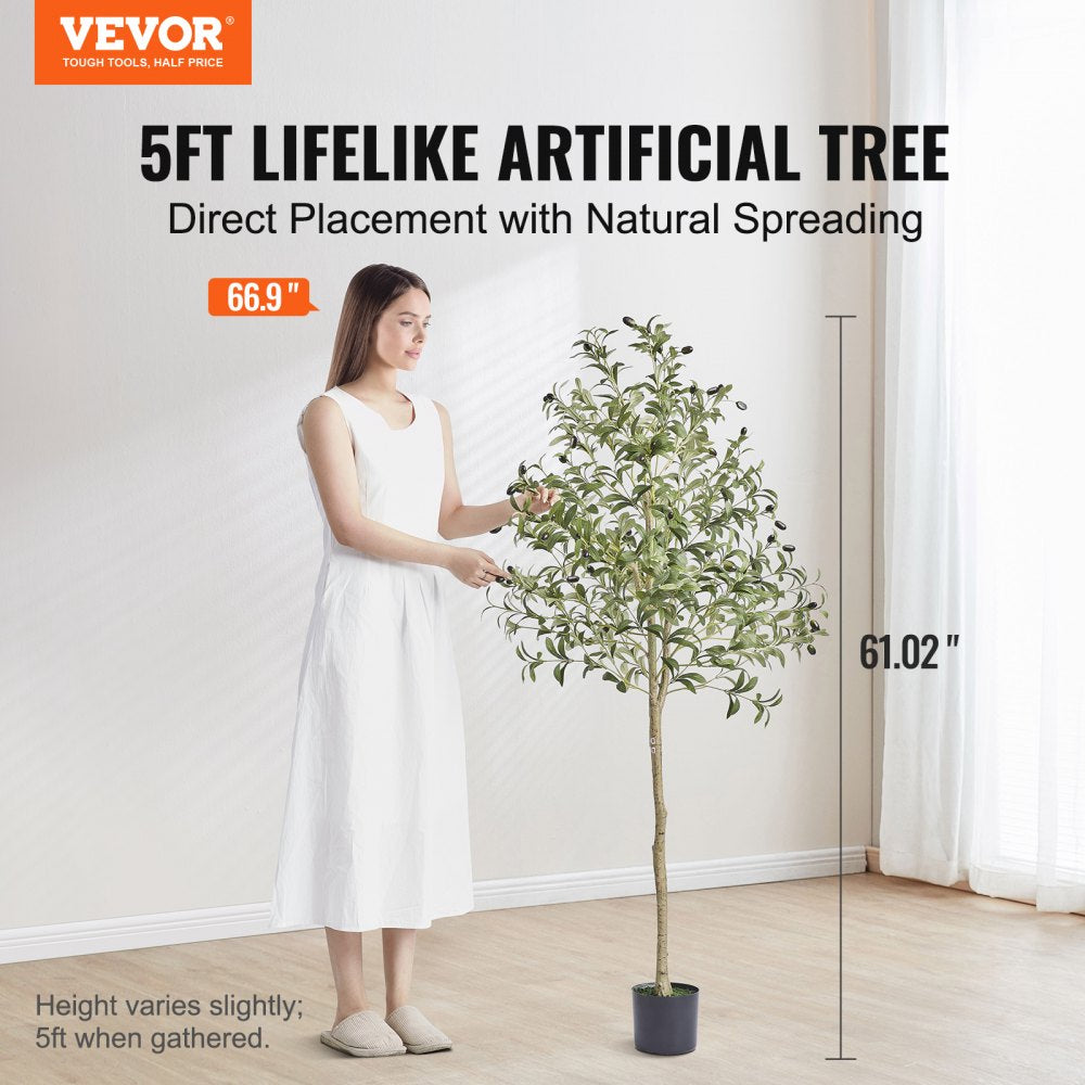 VEVOR Artificial Olive Tree, 5 FT Tall Faux Plant, Secure PE Material & Anti-Tip Tilt Protection Low-Maintenance Plant, Lifelike Green Fake Potted Tree for Home Office Warehouse Decor Indoor Outdoor 