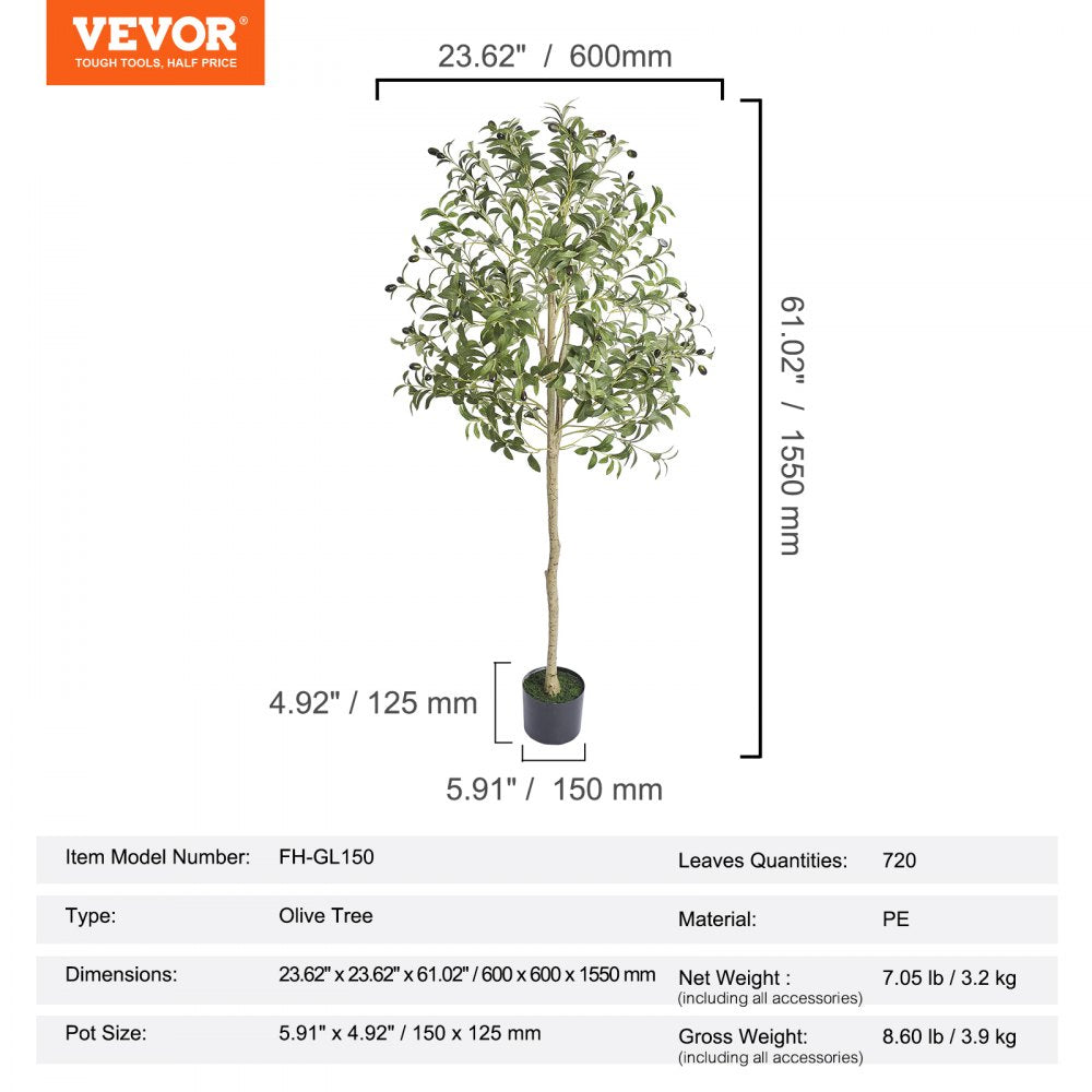 VEVOR Artificial Olive Tree, 5 FT Tall Faux Plant, Secure PE Material & Anti-Tip Tilt Protection Low-Maintenance Plant, Lifelike Green Fake Potted Tree for Home Office Warehouse Decor Indoor Outdoor 