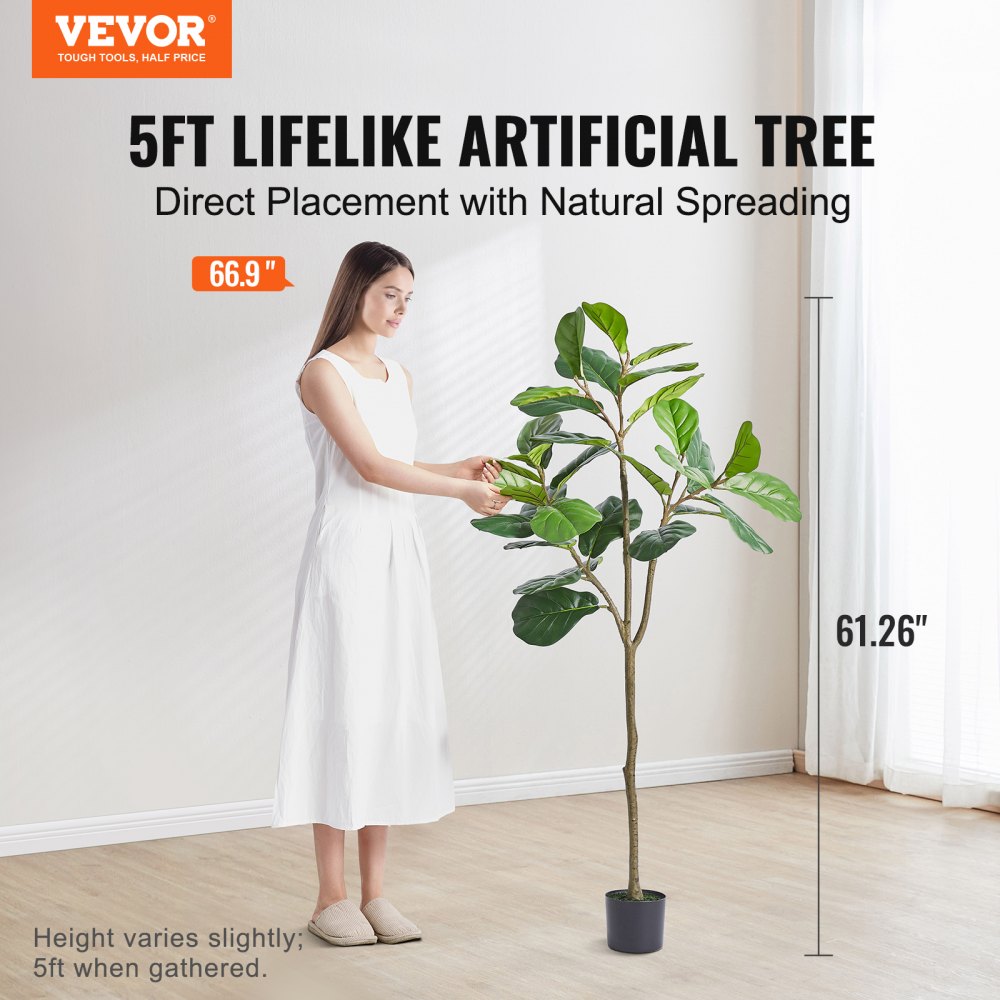 VEVOR Artificial Harp Tree, 5 FT Tall Faux Tulip Plant, PE Material & Anti-Tip Tilt Protection Low-Maintenance Plant, Lifelike Green Fake Potted Tree for Home Office Warehouse Decor Indoor Outdoor 