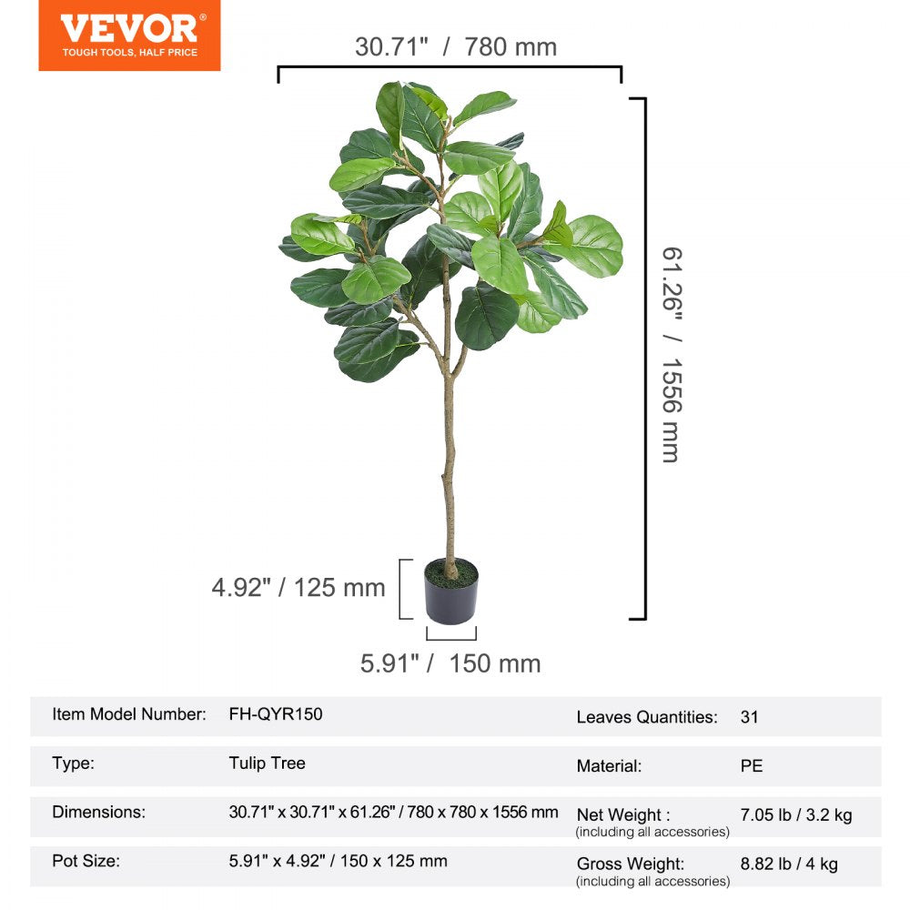 VEVOR Artificial Harp Tree, 5 FT Tall Faux Tulip Plant, PE Material & Anti-Tip Tilt Protection Low-Maintenance Plant, Lifelike Green Fake Potted Tree for Home Office Warehouse Decor Indoor Outdoor 