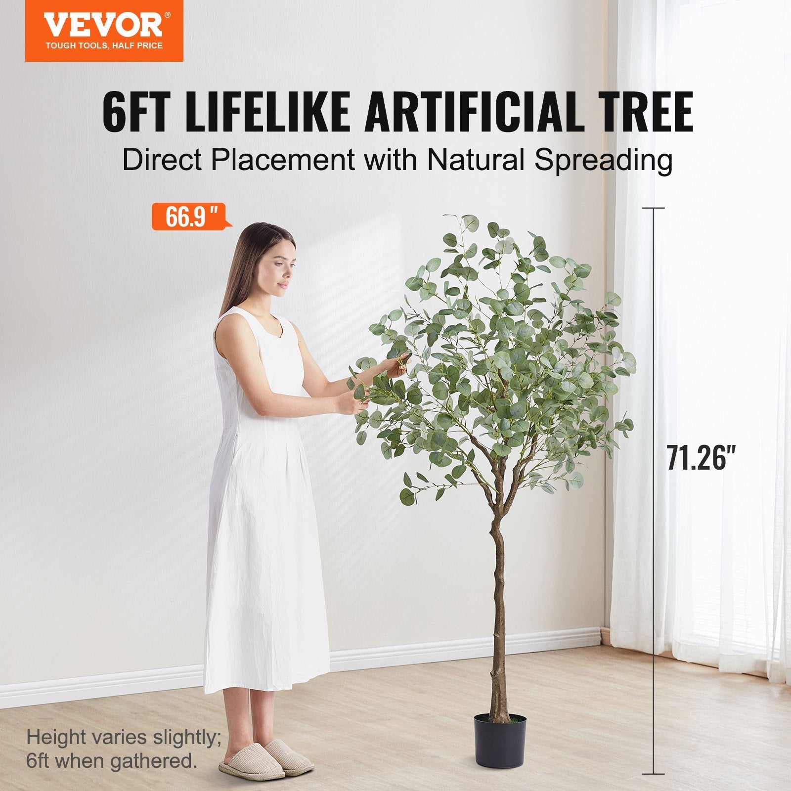 VEVOR Artificial Eucalyptus Tree, 6 FT Tall Faux Plant, Secure PE Material & Anti-Tip Tilt Protection Low-Maintenance Plant, Lifelike Green Fake Potted Tree for Home Office Decor Indoor Outdoor 