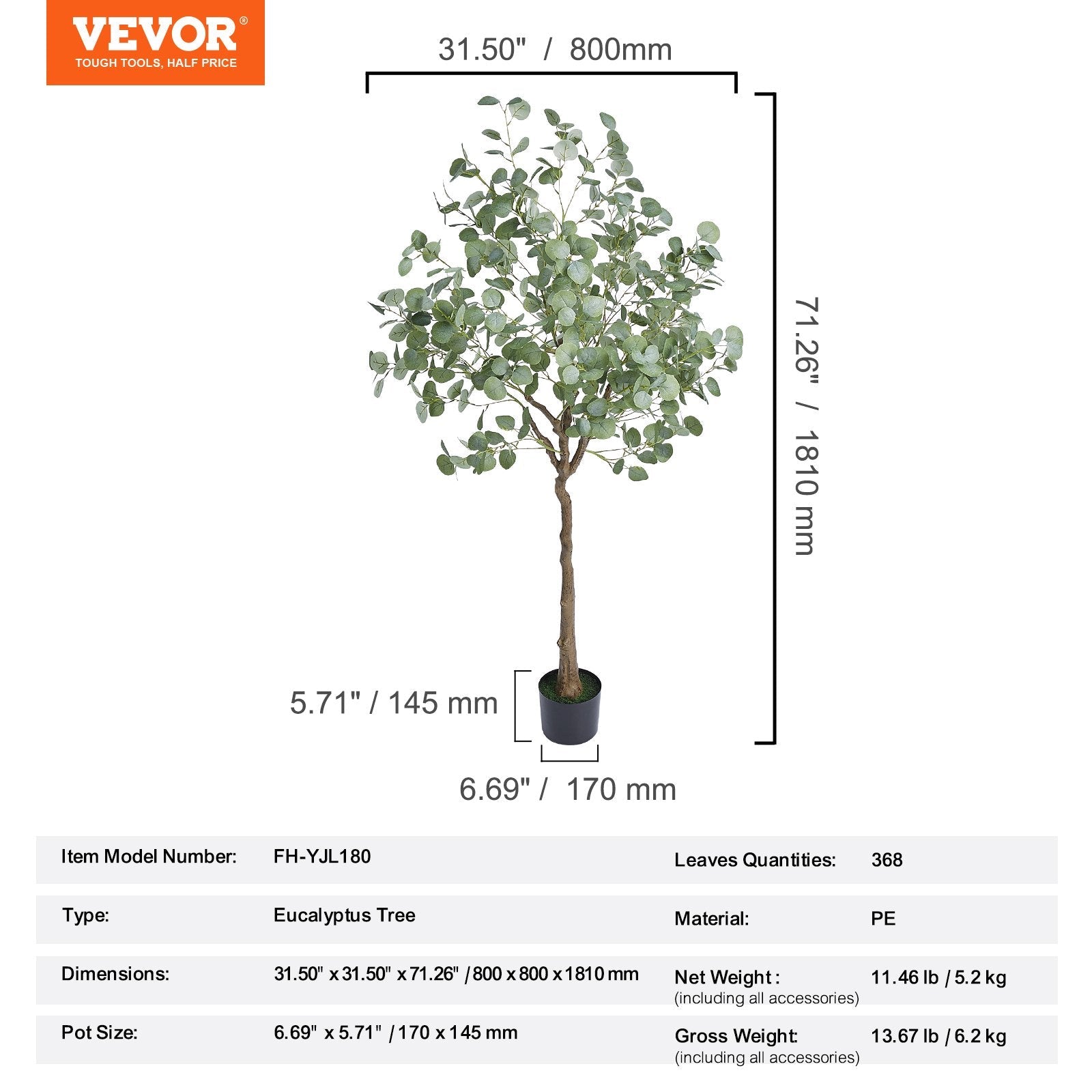 VEVOR Artificial Eucalyptus Tree, 6 FT Tall Faux Plant, Secure PE Material & Anti-Tip Tilt Protection Low-Maintenance Plant, Lifelike Green Fake Potted Tree for Home Office Decor Indoor Outdoor 