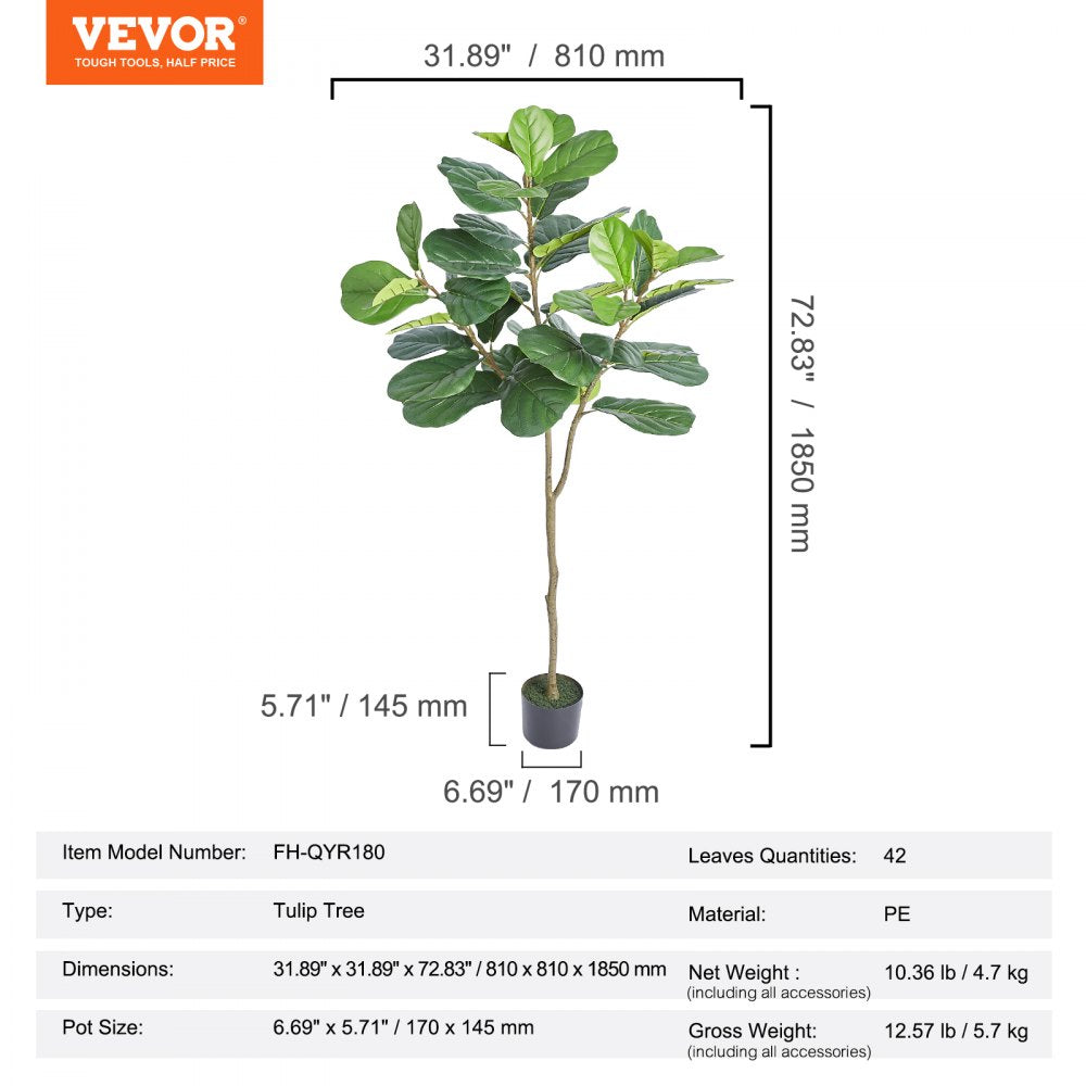 VEVOR Artificial Harp Tree, 6 FT Tall Faux Tulip Plant, PE Material & Anti-Tip Tilt Protection Low-Maintenance Plant, Lifelike Green Fake Potted Tree for Home Office Warehouse Decor Indoor Outdoor 