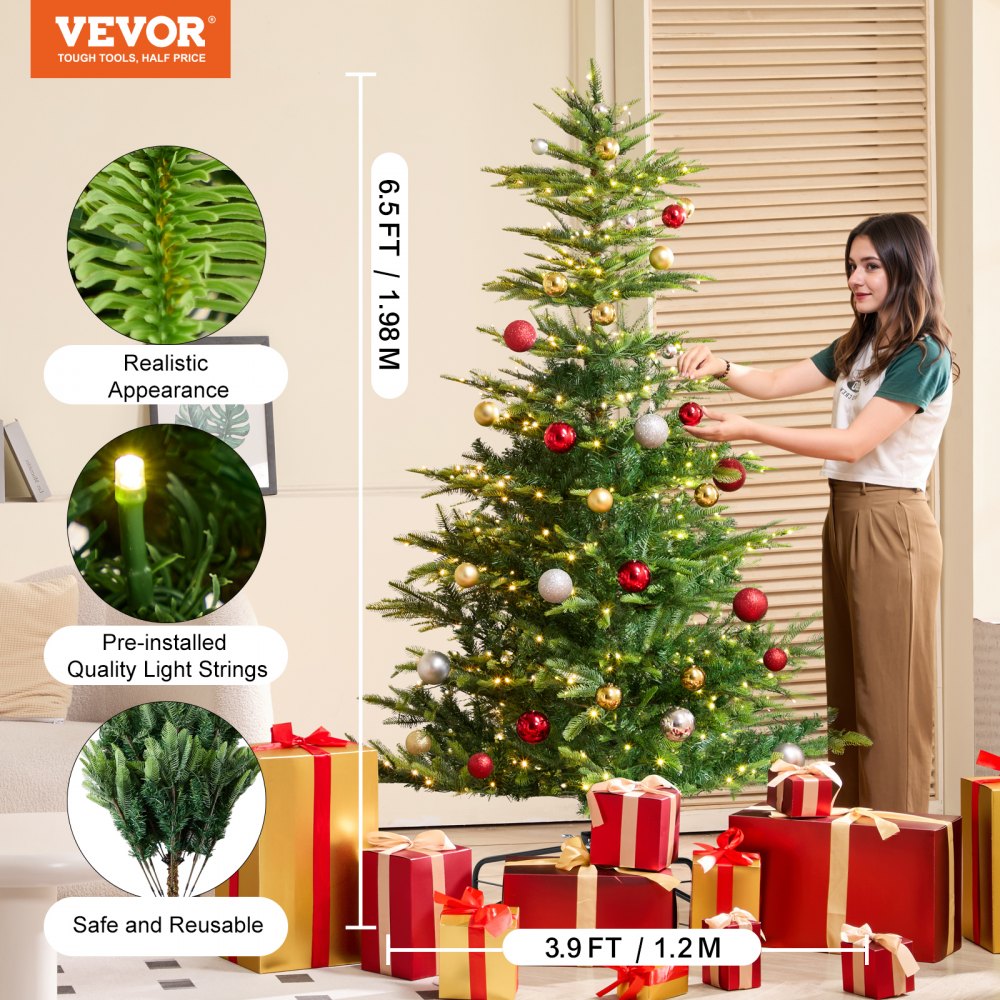 VEVOR Christmas Tree 6.5ft Prelit Artificial Tree with 350 White LEDs 900 Tips 