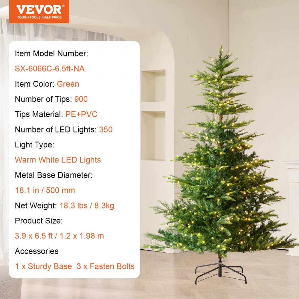 VEVOR Christmas Tree 6.5ft Prelit Artificial Tree with 350 White LEDs 900 Tips 
