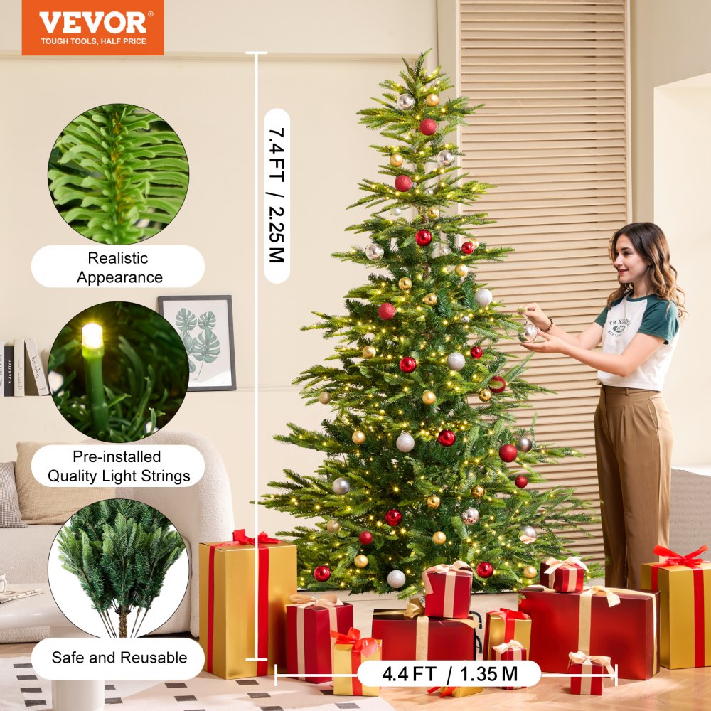 VEVOR Christmas Tree 7.5ft Prelit Artificial Tree with 700 White LEDs 1319 Tips 