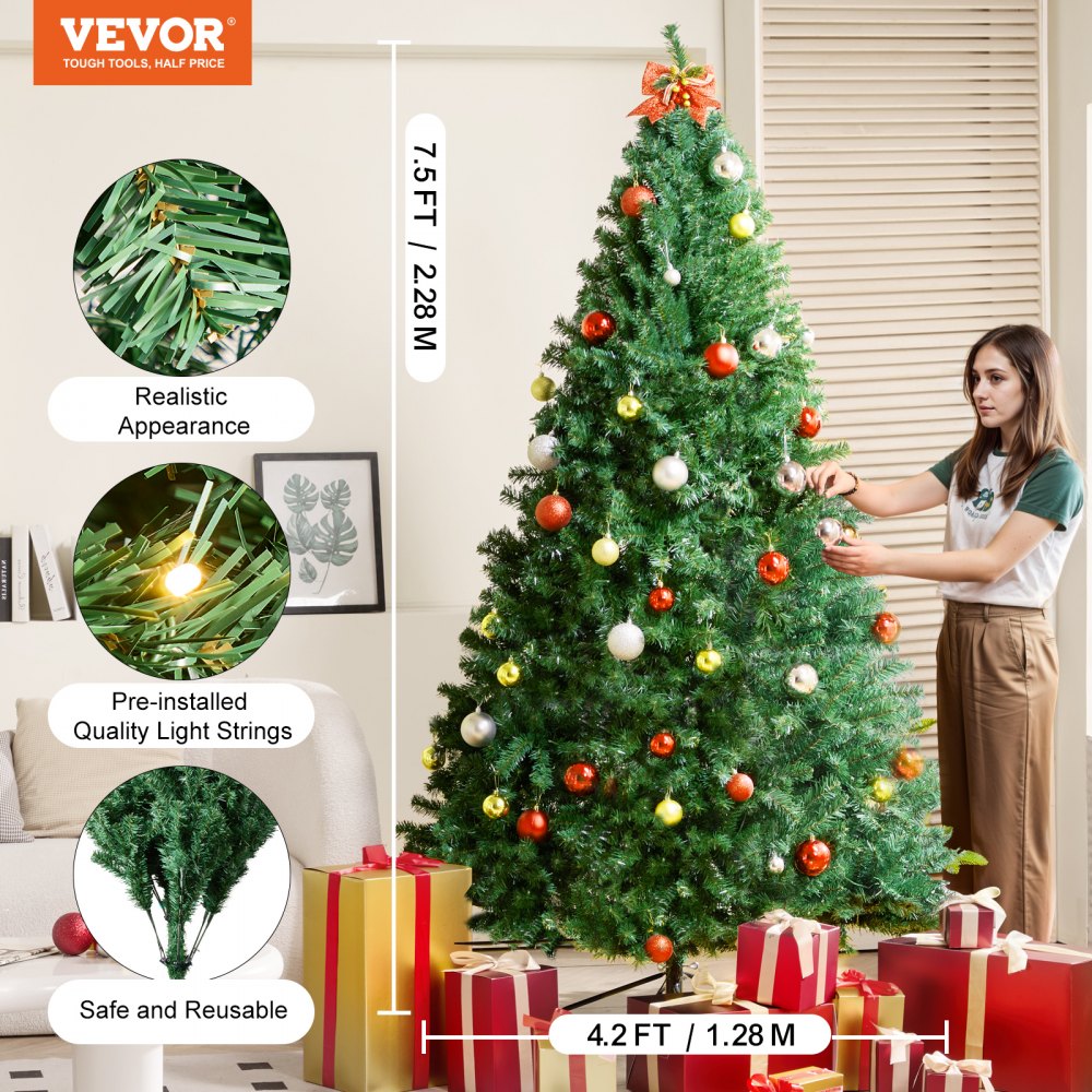 VEVOR Christmas Tree 7.5ft Prelit Artificial Tree with 550 White LEDs 1346 Tips 