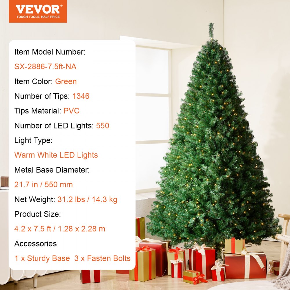 VEVOR Christmas Tree 7.5ft Prelit Artificial Tree with 550 White LEDs 1346 Tips 