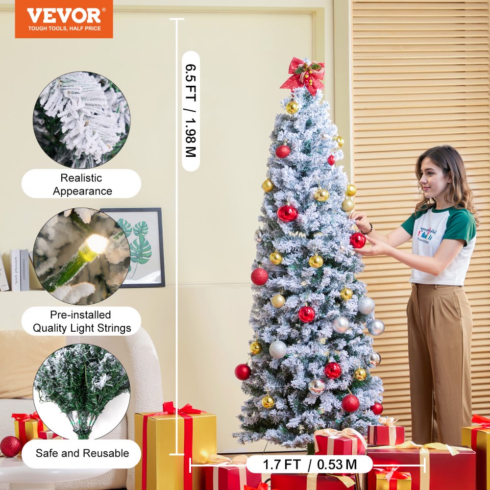 VEVOR Christmas Tree 6.5ft Prelit Flocked Xmas Tree with 250 LED Lights 814 Tips 