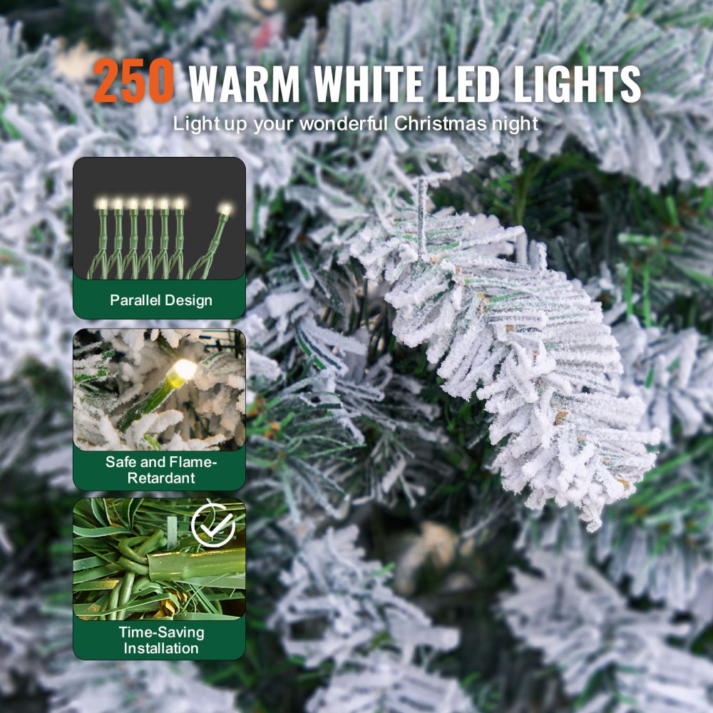 VEVOR Christmas Tree 6.5ft Prelit Flocked Xmas Tree with 250 LED Lights 814 Tips 