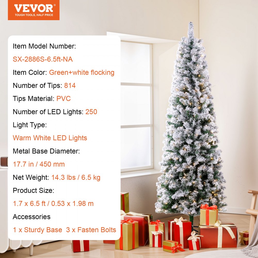 VEVOR Christmas Tree 6.5ft Prelit Flocked Xmas Tree with 250 LED Lights 814 Tips 