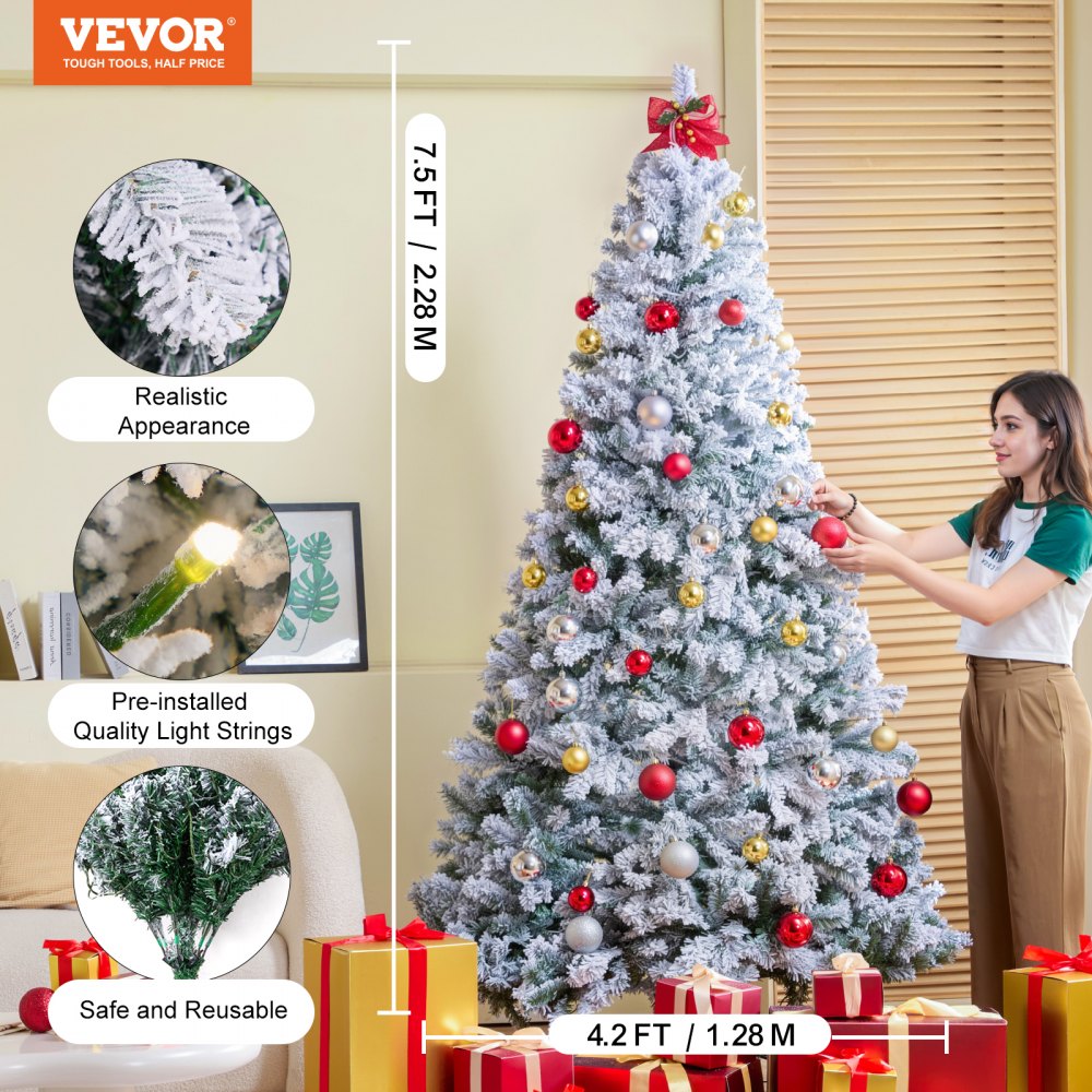 VEVOR Christmas Tree 7.5ft Prelit Flocked Xmas Tree with 550 LED Lights 1346 Tip 
