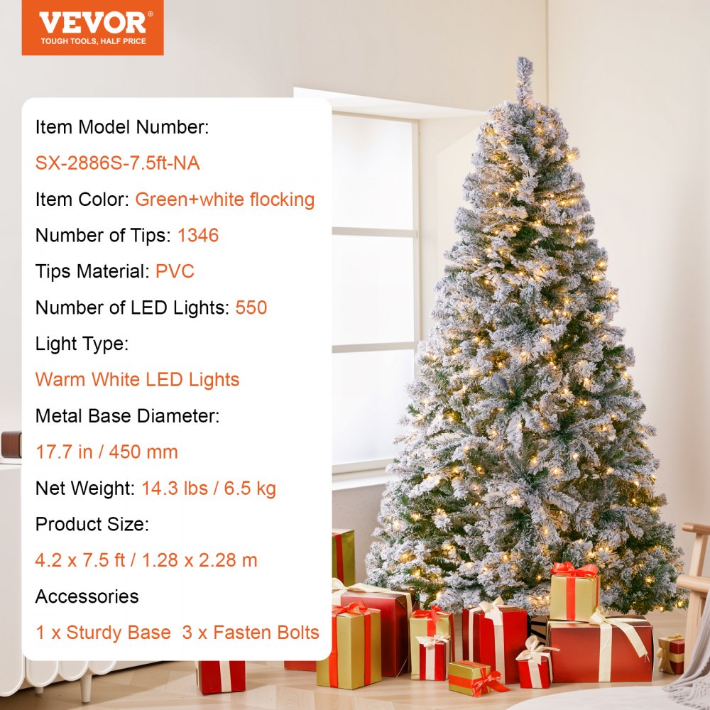 VEVOR Christmas Tree 7.5ft Prelit Flocked Xmas Tree with 550 LED Lights 1346 Tip 