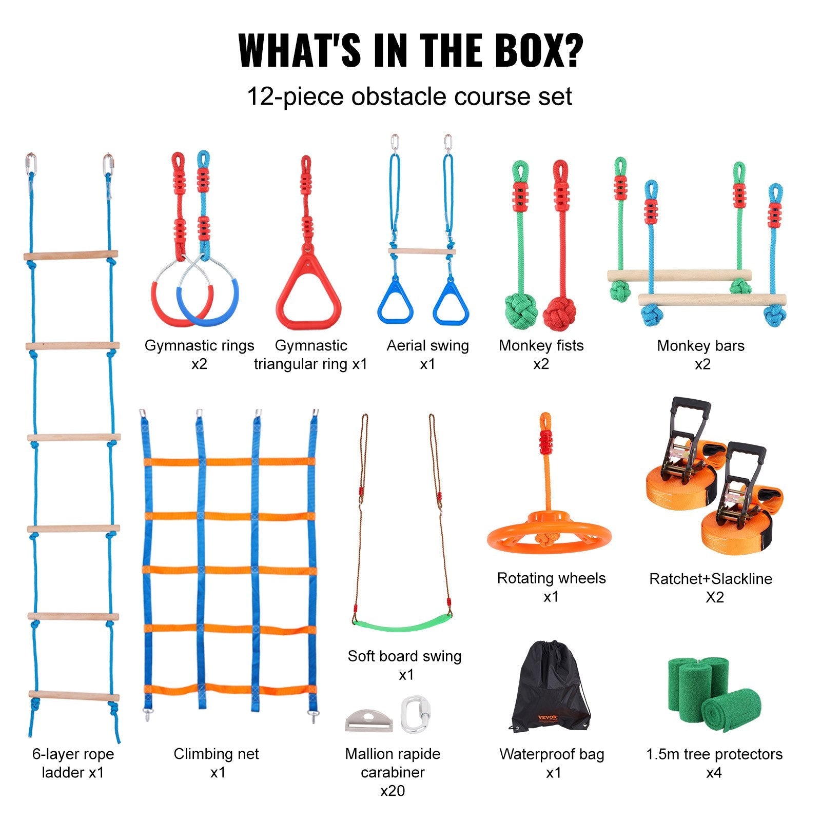 VEVOR Ninja Warrior Obstacle Course for Kids, 2 x 50 ft Weatherproof Slacklines, 500lbs Weight Capacity Monkey Line, Outdoor Playset Equipment, Backyard Toys Training Equipment Set with 12 Obstacles 