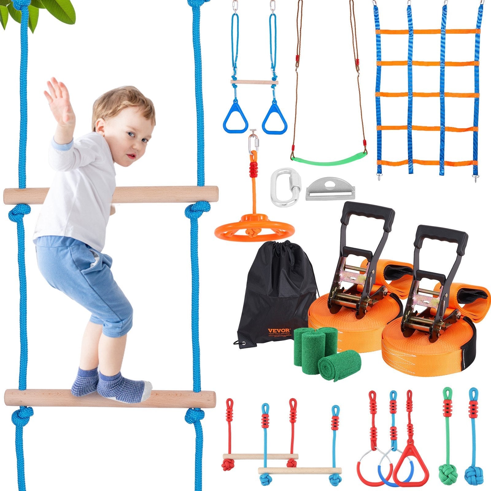 VEVOR Ninja Warrior Obstacle Course for Kids, 2 x 50 ft Weatherproof Slacklines, 500lbs Weight Capacity Monkey Line, Outdoor Playset Equipment, Backyard Toys Training Equipment Set with 12 Obstacles 
