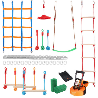 VEVOR Ninja Warrior Obstacle Course for Kids, 2 x 50 ft Weatherproof Slacklines, 500lbs Weight Capacity Monkey Line, Outdoor Playset Equipment, Backyard Toys Training Equipment Set with 10 Obstacles 