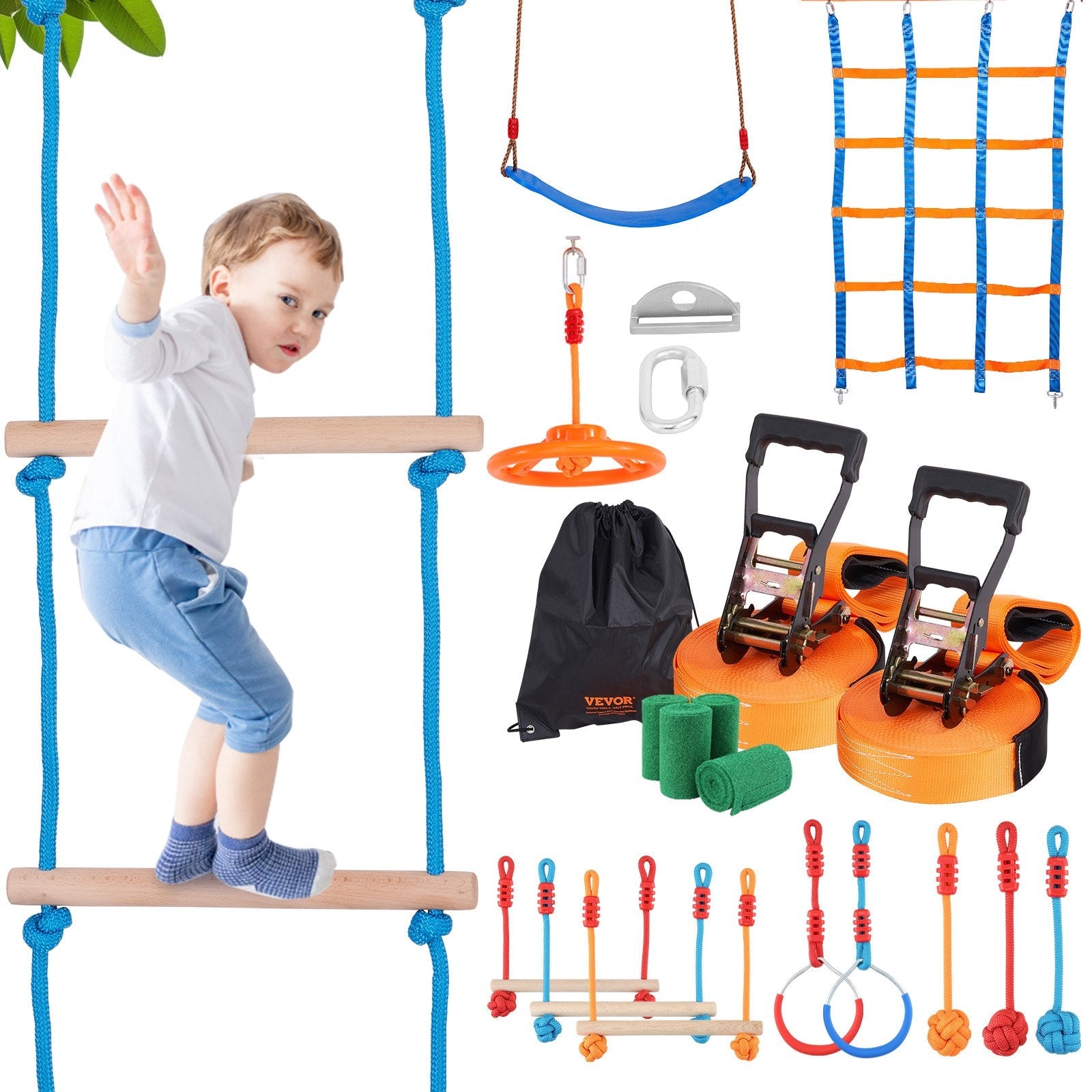 VEVOR Ninja Warrior Obstacle Course for Kids, 2 x 56 ft Weatherproof Slacklines, 500lbs Weight Capacity Monkey Line, Outdoor Playset Equipment, Backyard Toys Training Equipment Set with 12 Obstacles 