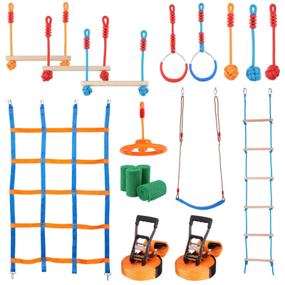 VEVOR Ninja Warrior Obstacle Course for Kids, 2 x 56 ft Weatherproof Slacklines, 500lbs Weight Capacity Monkey Line, Outdoor Playset Equipment, Backyard Toys Training Equipment Set with 12 Obstacles 