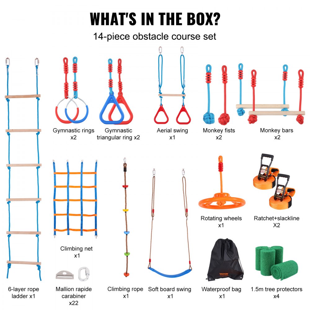 VEVOR Ninja Warrior Obstacle Course for Kids, 2 x 60 ft Weatherproof Slacklines, 500lbs Weight Capacity Monkey Line, Outdoor Playset Equipment, Backyard Toys Training Equipment Set with 14 Obstacles 