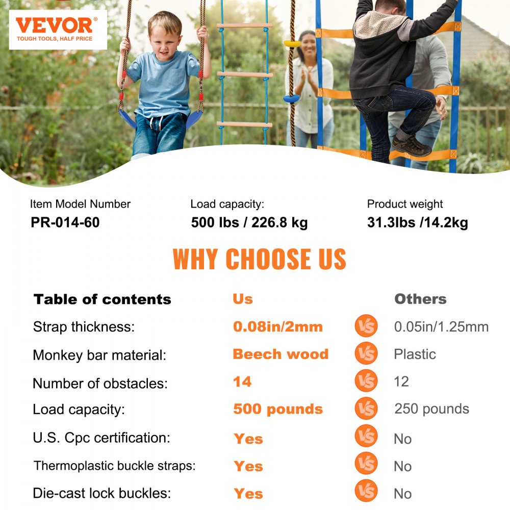 VEVOR Ninja Warrior Obstacle Course for Kids, 2 x 60 ft Weatherproof Slacklines, 500lbs Weight Capacity Monkey Line, Outdoor Playset Equipment, Backyard Toys Training Equipment Set with 14 Obstacles 