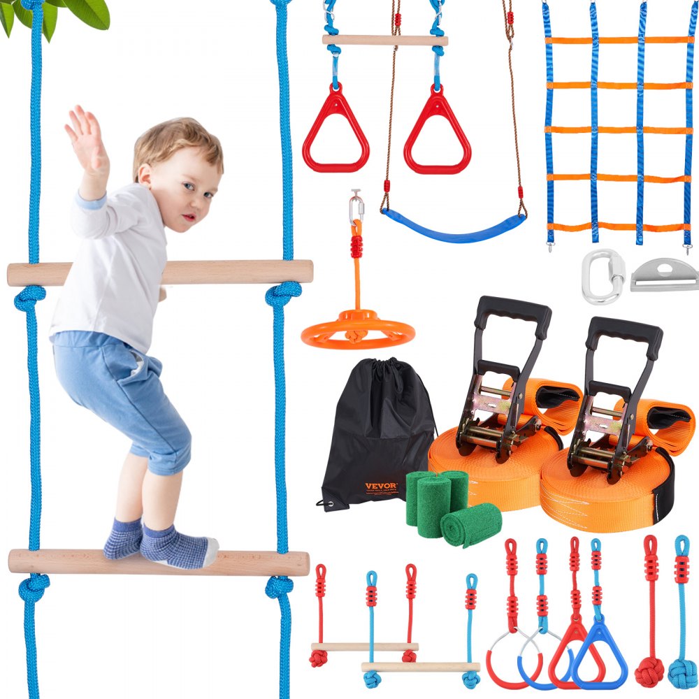 VEVOR Ninja Warrior Obstacle Course for Kids, 2 x 60 ft Weatherproof Slacklines, 500lbs Weight Capacity Monkey Line, Outdoor Playset Equipment, Backyard Toys Training Equipment Set with 14 Obstacles 