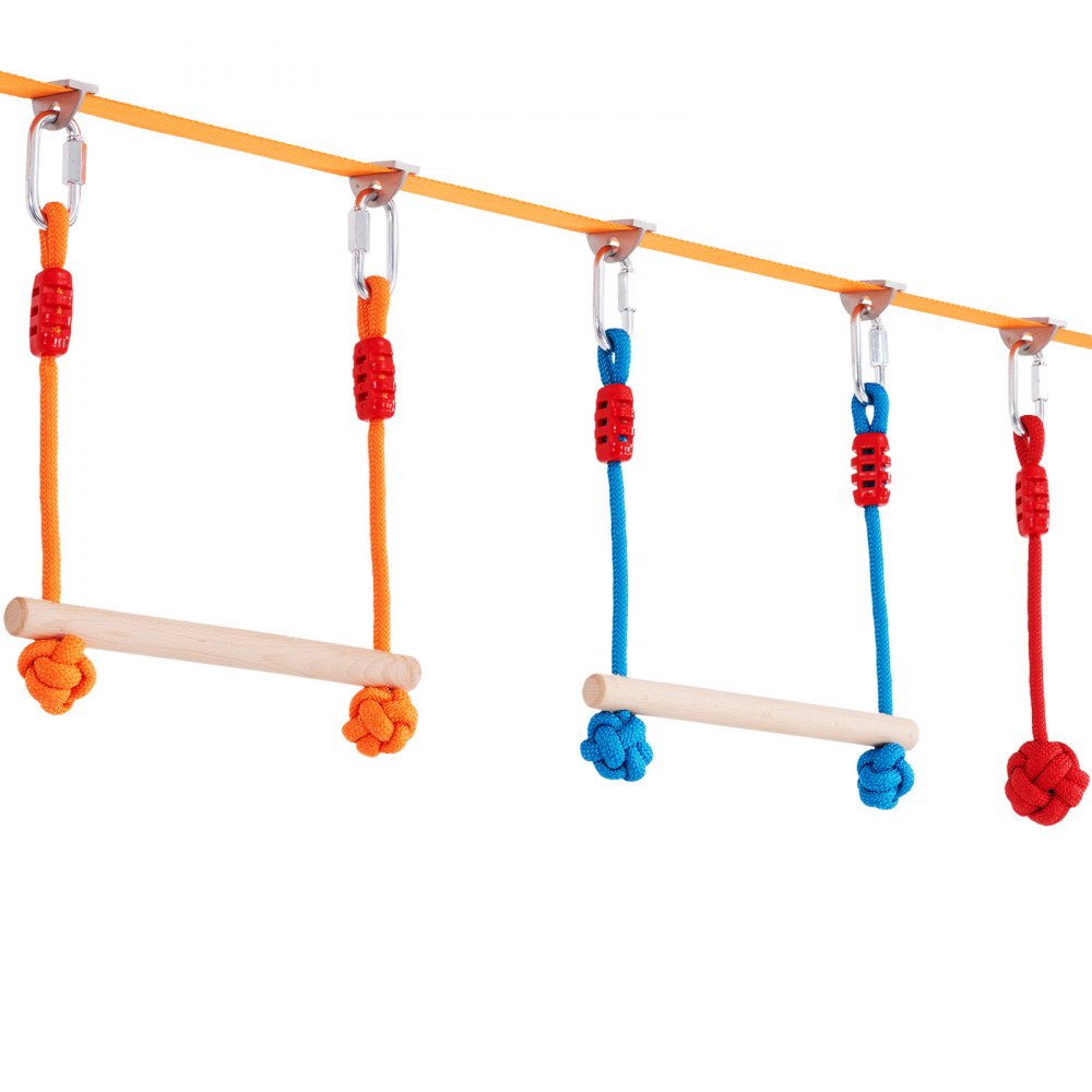 VEVOR Ninja Warrior Obstacle Course for Kids, 2 x 60 ft Weatherproof Slacklines, 500lbs Weight Capacity Monkey Line, Outdoor Playset Equipment, Backyard Toys Training Equipment Set with 14 Obstacles 