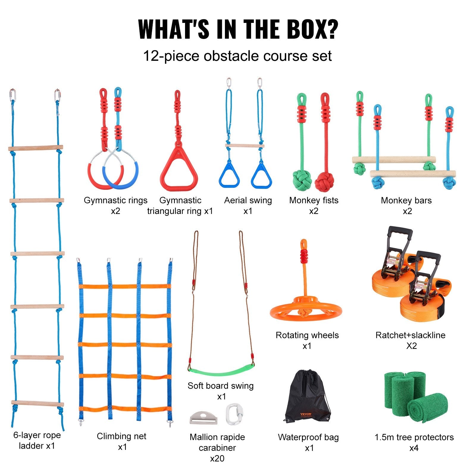VEVOR Ninja Warrior Obstacle Course for Kids, 2 x 65 ft Weatherproof Slacklines, 500lbs Weight Capacity Monkey Line, Outdoor Playset Equipment, Backyard Toys Training Equipment Set with 12 Obstacles 