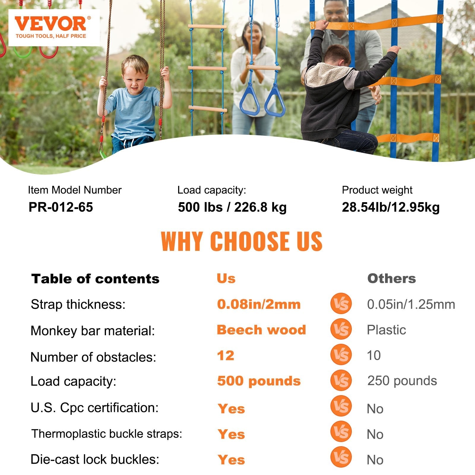 VEVOR Ninja Warrior Obstacle Course for Kids, 2 x 65 ft Weatherproof Slacklines, 500lbs Weight Capacity Monkey Line, Outdoor Playset Equipment, Backyard Toys Training Equipment Set with 12 Obstacles 