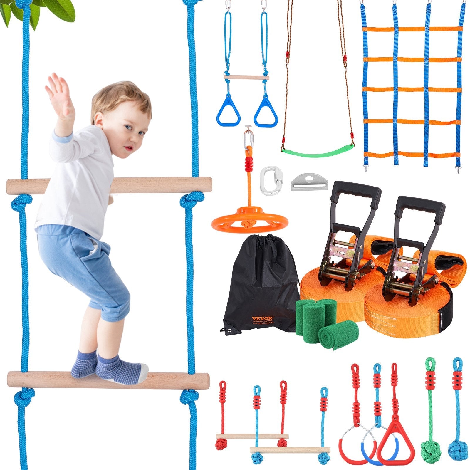 VEVOR Ninja Warrior Obstacle Course for Kids, 2 x 65 ft Weatherproof Slacklines, 500lbs Weight Capacity Monkey Line, Outdoor Playset Equipment, Backyard Toys Training Equipment Set with 12 Obstacles 