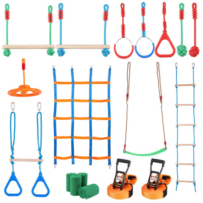 VEVOR Ninja Warrior Obstacle Course for Kids, 2 x 65 ft Weatherproof Slacklines, 500lbs Weight Capacity Monkey Line, Outdoor Playset Equipment, Backyard Toys Training Equipment Set with 12 Obstacles 