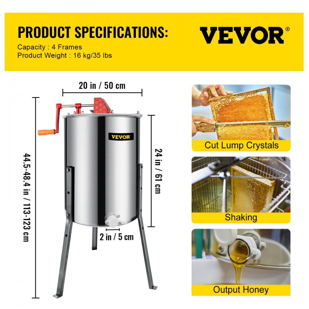 VEVOR Manual Honey Extractor Separator 4 Frame Stainless Steel Honeycomb Drum Spinner Crank Beekeeping Equipment Apiary Centrifuge Equipment 
