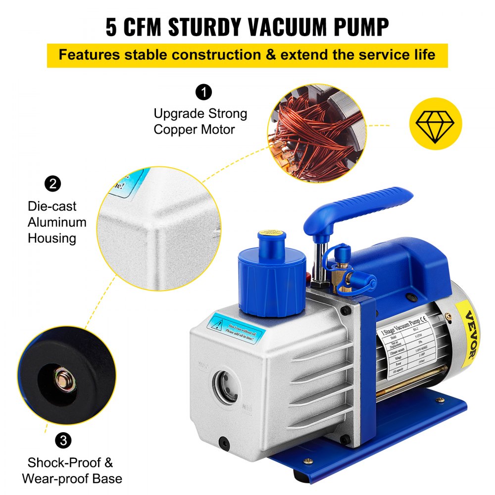VEVOR Vacuum Chamber with Pump, 5 Gallon Chamber, 5CFM 1/2 HP Single Stage Rotary Vane Vacuum Pump, 110V HVAC Air Tool Set for Stabilizing Wood, Degassing Silicones, Epoxies and Essential Oils 