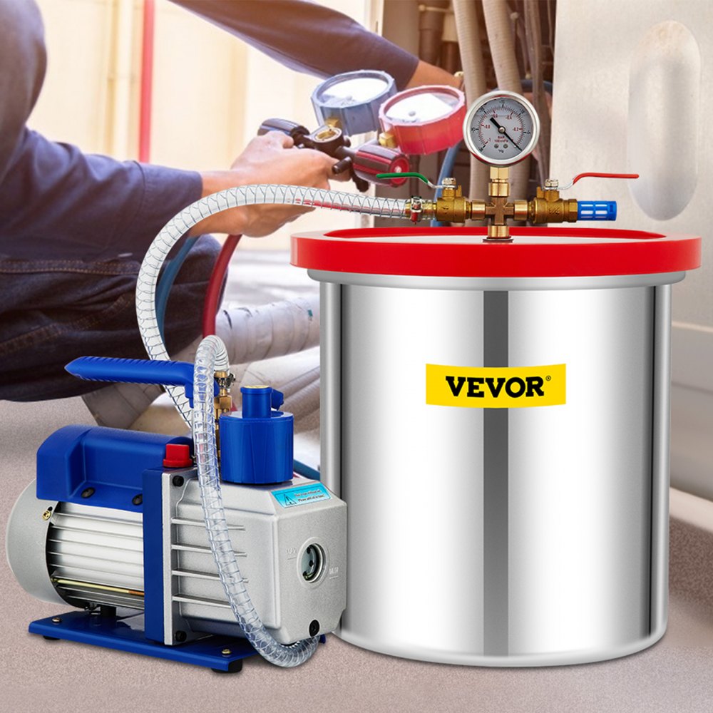 VEVOR Vacuum Chamber with Pump, 5 Gallon Chamber, 5CFM 1/2 HP Single Stage Rotary Vane Vacuum Pump, 110V HVAC Air Tool Set for Stabilizing Wood, Degassing Silicones, Epoxies and Essential Oils 
