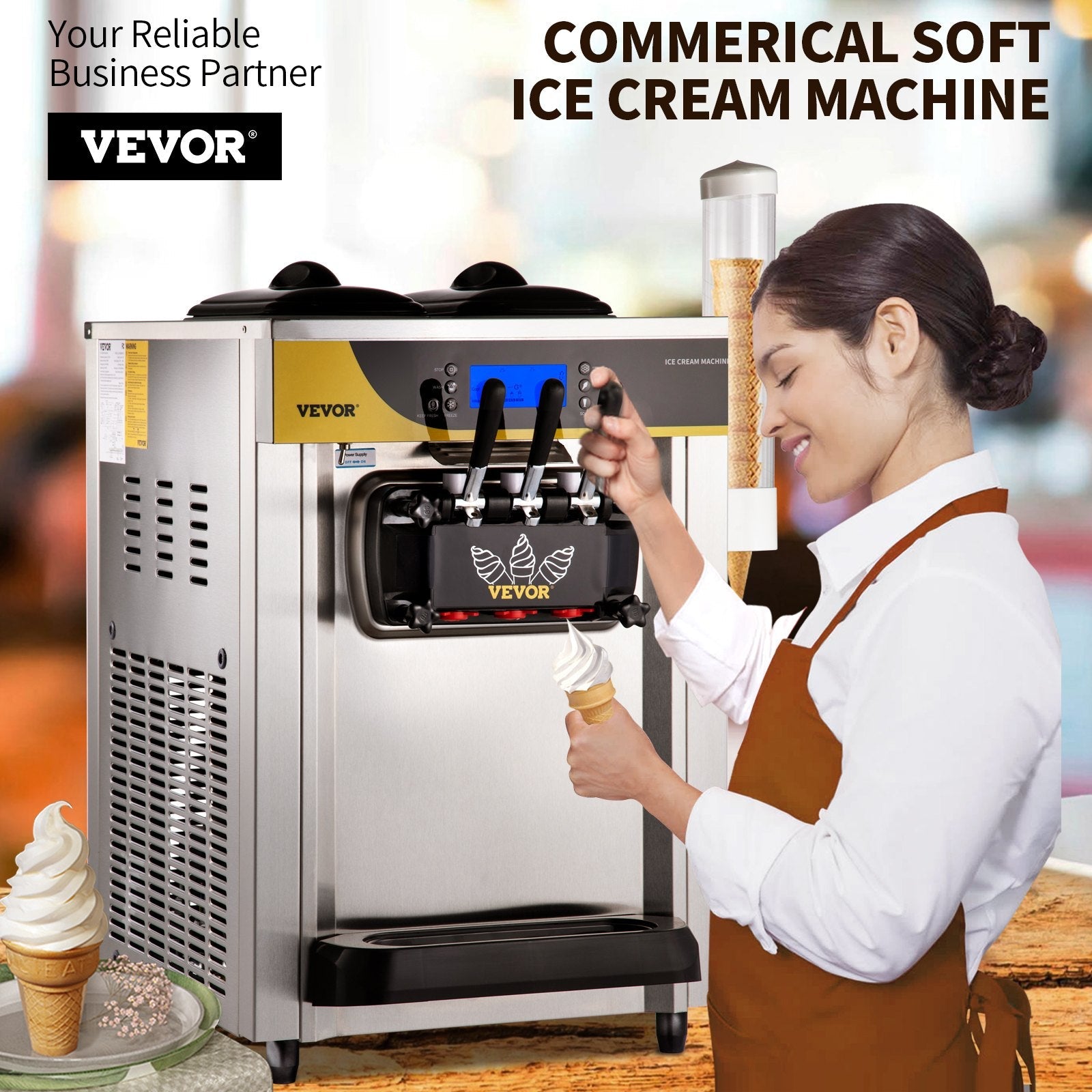VEVOR Commercial Ice Cream Maker, 22-30L/H Yield, 2200W Countertop Soft Serve Machine with 2x6L Hopper 2L Cylinder LCD Panel Puffing Shortage Alarm, Frozen Yogurt Maker for Restaurant Snack Bar, Silve 