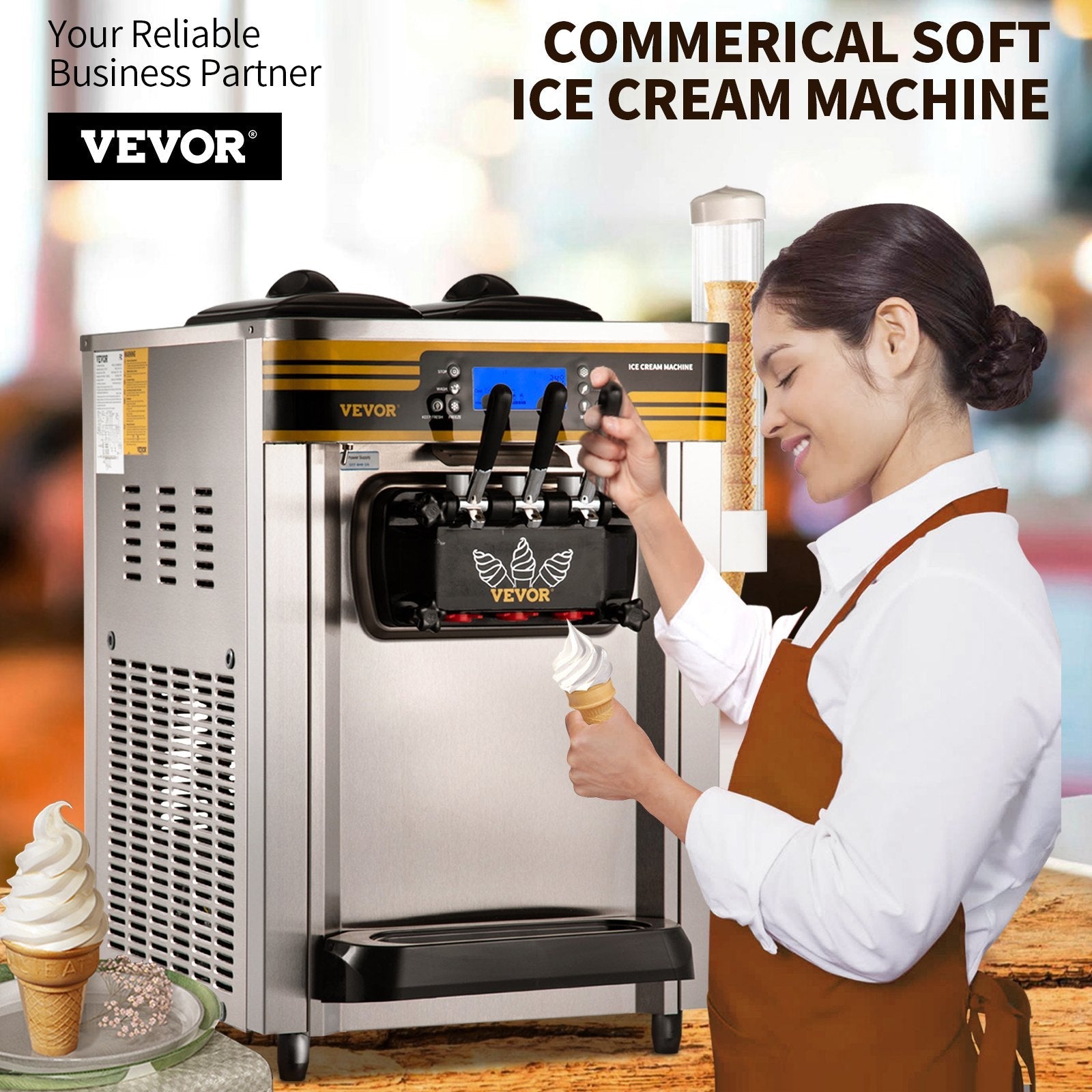 VEVOR Commercial Ice Cream Maker, 22-30L/H Yield, 2350W Countertop Soft Serve Machine with 2x6L Hopper 2L Cylinder LCD Panel Puffing Shortage Alarm, Frozen Yogurt Maker for Restaurant Snack Bar, Silve 