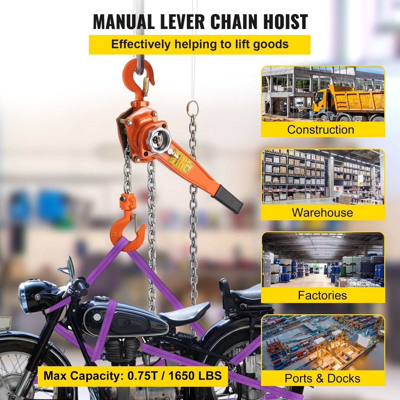 VEVOR Lever Chain Hoist, 0.75Ton 1650lbs Capacity Ratchet Puller with 10FT Max. Lifting Height, Come Along 2 Heavy Duty Steel Hooks, Manual Handling Tool for Cargo Moving in Construction, Warehouse 
